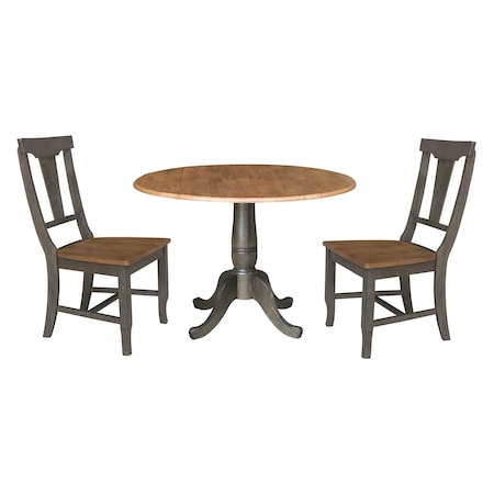 International Concepts Round Round 42 in. Dual Drop Leaf Dining Table with 2 Panel Back Chairs in Hickory/Washed Coal K45-42DPT-C110-2
